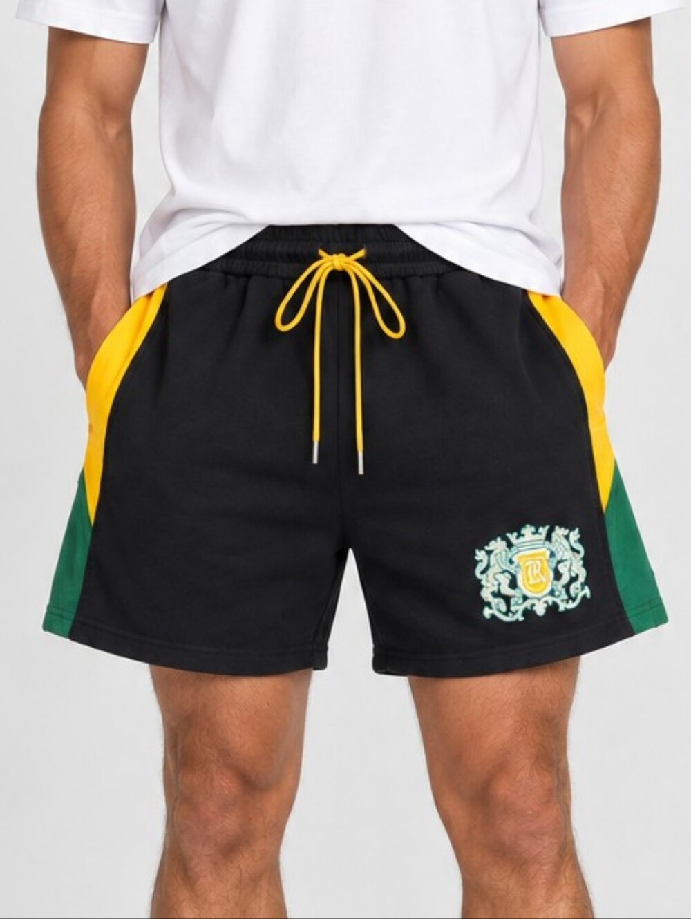 RHUDE Crest Veille Track Shorts Men's XL Black Green Yellow Made in USA Rare